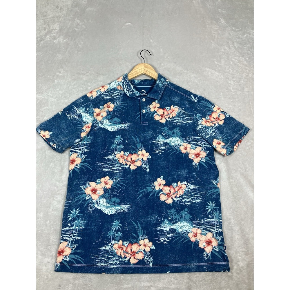 Tommy Bahama Short Sleeve Polo Hawaiian Print Blue Mens Size Large